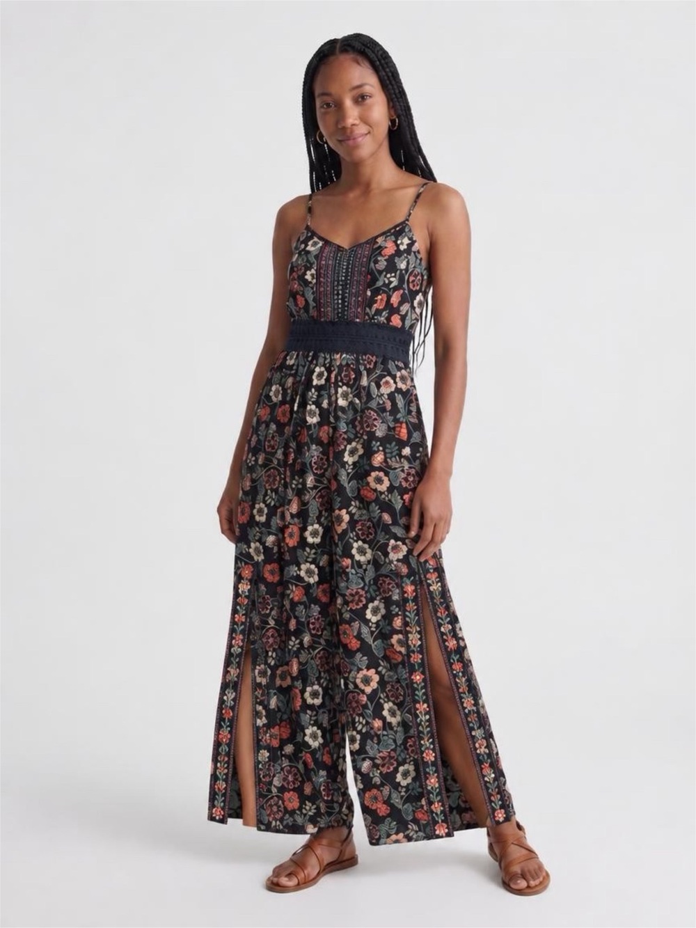Angie Black Floral Maxi romper with Smocked Waist